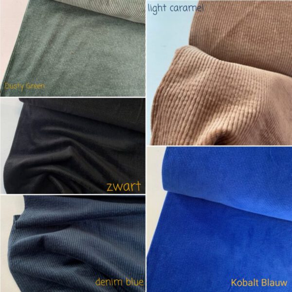 5 kleuren van de Rib Corduroy stof voor de Flared Pants Dusty green, Light Caramel, Zwart, Denim Blauw, Kobalt Blauw